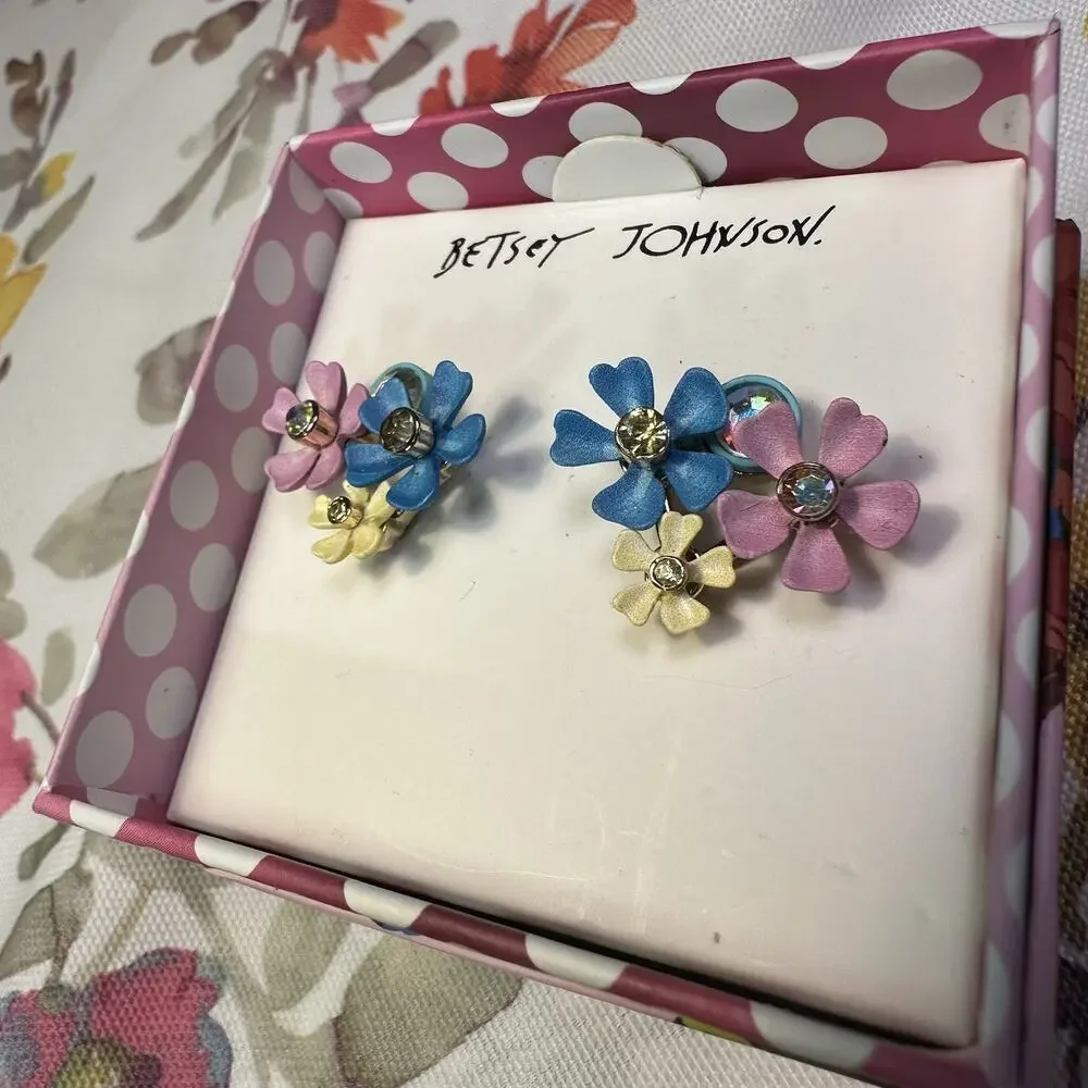 Betsy Johnson New Tags stud post earing flowers enamel frosted pastels crystal